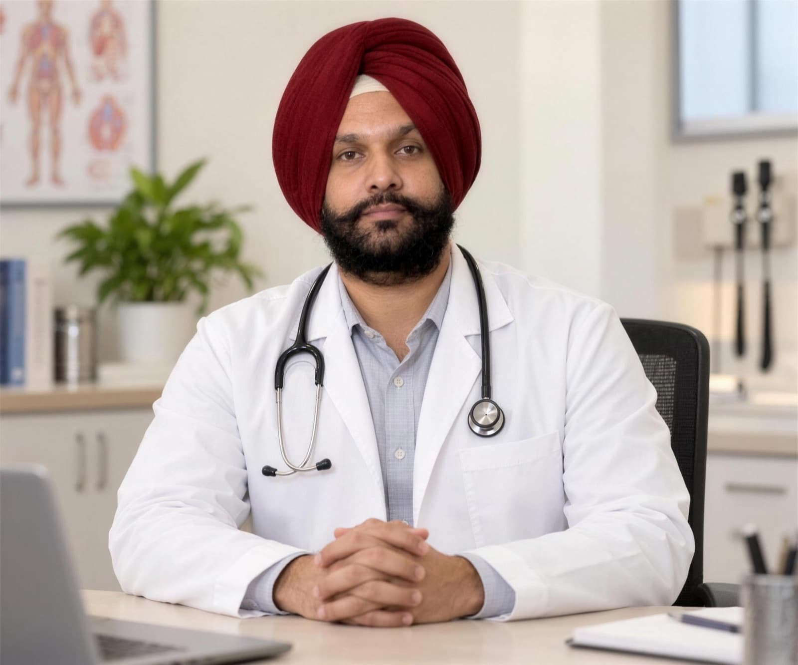 Dr. Arvinder Singh Bali, BAMS, seated at his consulting desk in a white coat with a stethoscope